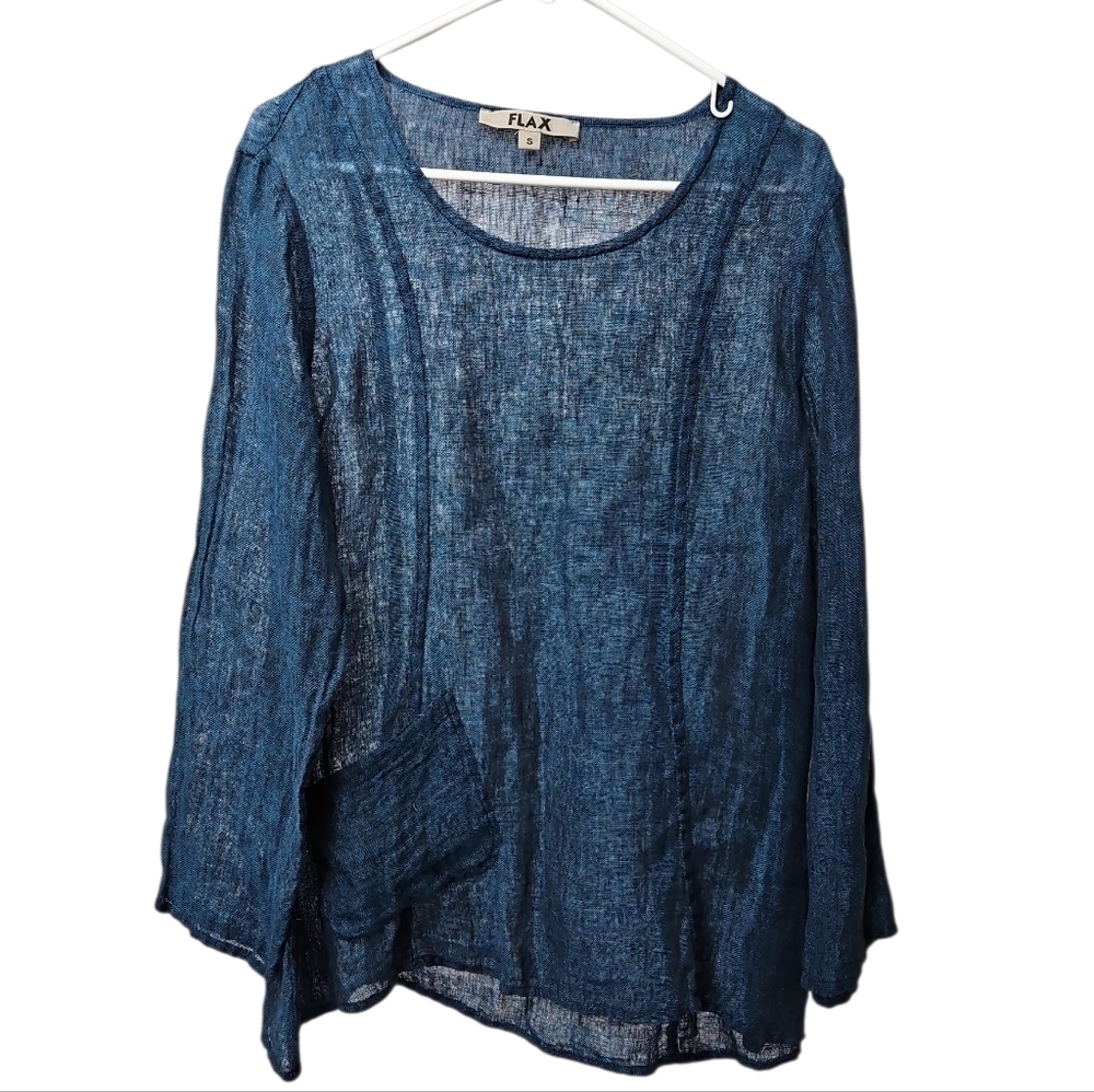 Flax Blue 100% Linen Tunic Pocket Long Sleeve Top Sz Small Womens